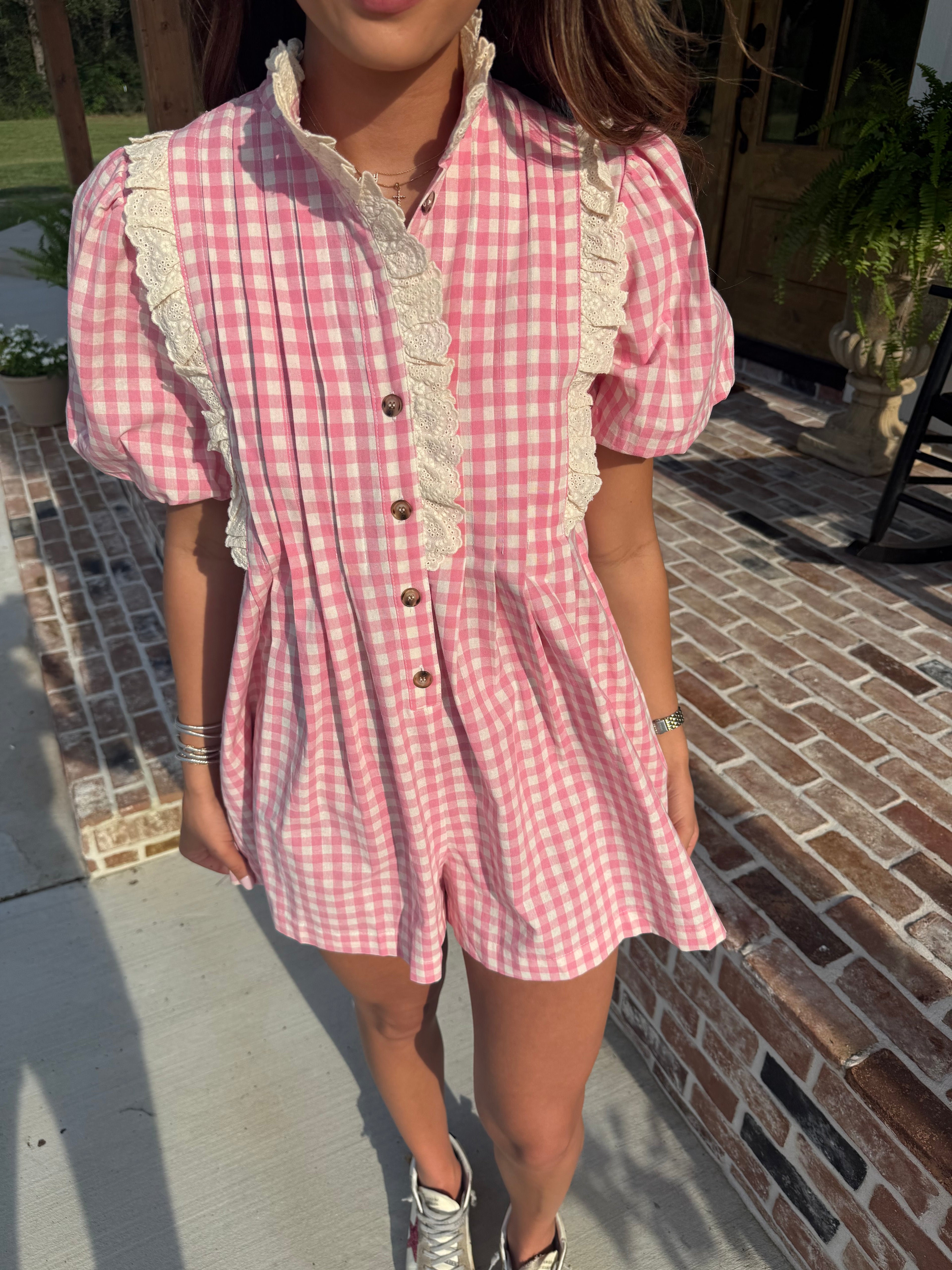 The Paige Pink Gingham Romper