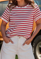 Red Striped Scalloped Tee ￼