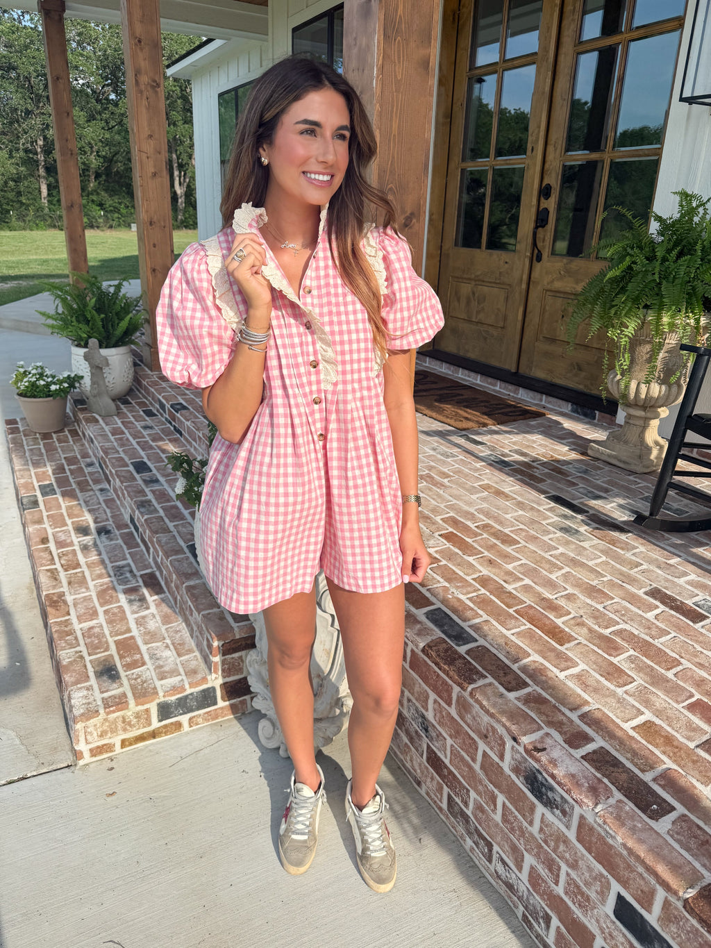 The Paige Pink Gingham Romper